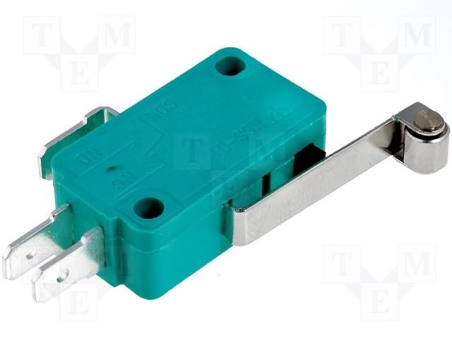 Mikropārslēdzējs ar sviru (ar ruliti) L=25mm, SPDT, ON-(ON), 10A/250VAC, IP40, 28x10.3x16mm, viens kontakts