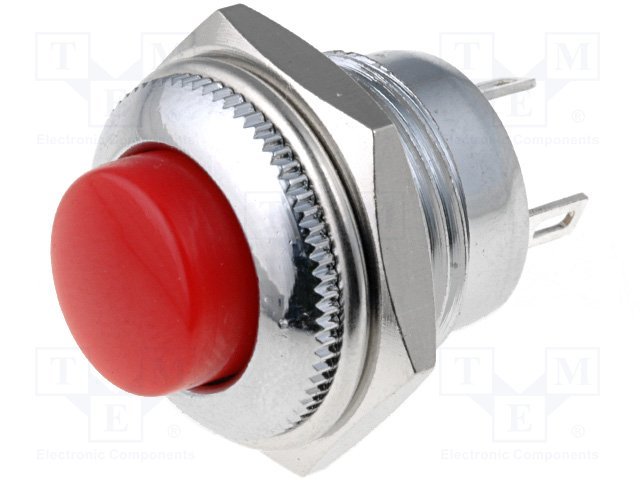 Poga SPDT, ON-(ON), 1.5A/250VAC, Ø16x30mm, M12, 1/2"-28UNEF, metala/sarkanā krasa, metals, lodejama, viens kontakts uz pārslēgšanu, bez fiksacijas
