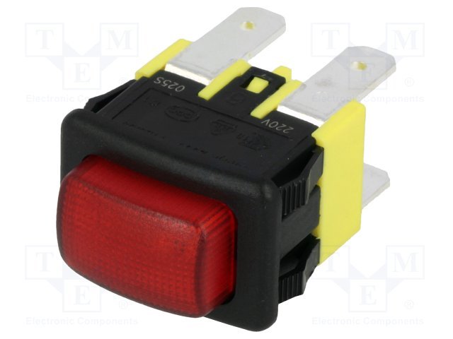 Poga DPST-NO, OFF-ON, 16A/250VAC, 4.8x0.8mm, neona lampiņa sarkana krasa, 18.8x12.8x15mm, ar fiksaciju