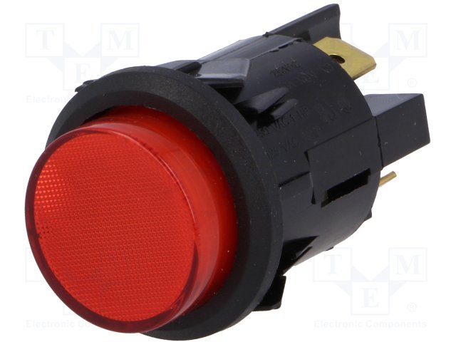 Poga DPST-NO, OFF-ON, 16A/250VAC, 16A/28DAC, 6.3x0.8mm, neona lampiņa sarkana krasa, Ø25mm, ar fiksaciju