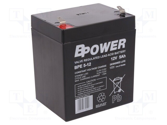 Rūpņiecības svina-skabes akumulators 12V, 5Ah, AGM, 90x70x101mm 1.92kg (BPOWER)