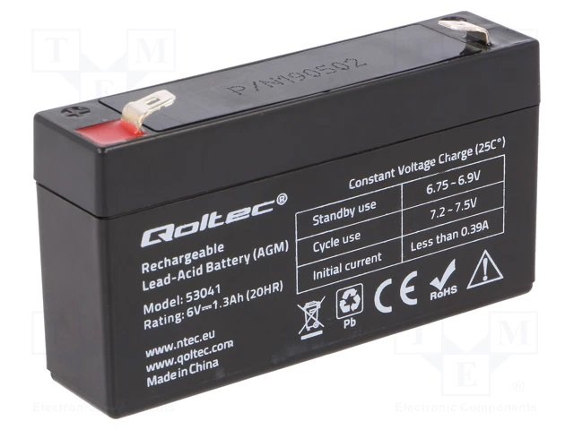 Rūpņiecības svina-skabes akumulators 6V, 1.3Ah, 97x24x52mm, AGM, QOLTEC, 320gr.