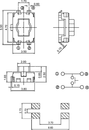 Mikroslēdzejs horizontāls, SPST-NO, OFF-(ON), 0.05A/12VDC, SMD, 4.7x3.5x1.65mm, 1.6N, L=0.85mm