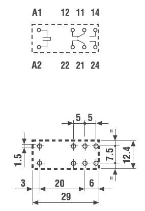 Relejs DC24V, DPDT, 2x8A/250VAC, 2x8A/30VDC, 900Ω(26mA), divi kontakti uz pārslēgšanu, 29x12.4x25mm, FINDER