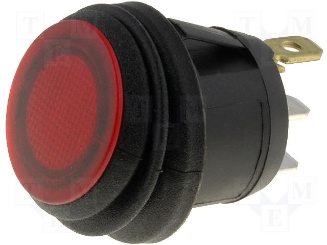 Poga DPST-NO, OFF-ON, 6A/250VAC, IP65, 6.3x0.8mm, neonu lampiņa 230VAC, sarkana krasa, Ø20x24mm, ar fiksaciju