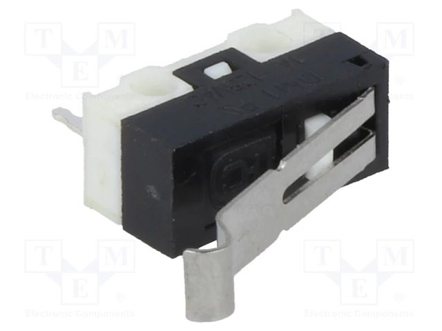 Mikropārslēdzējs ar sviru (ar izliekto galu) L=13mm, SPDT, ON-(ON), 1A/125VAC, IP40, 13x5.8x6.5mm, viens kontakts