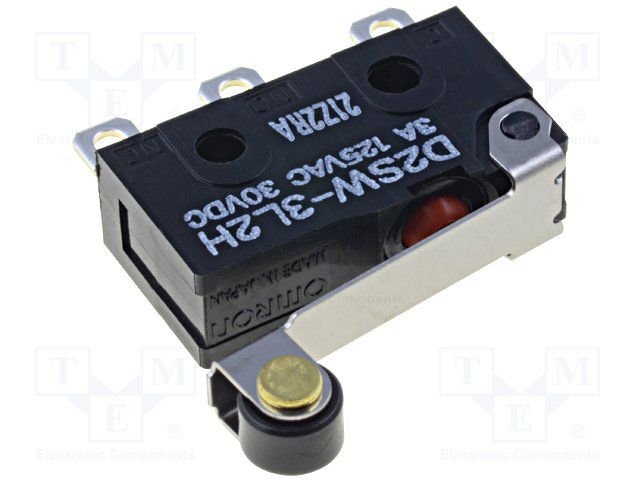 Mikropārslēdzējs ar sviru (ar ruliti) L=14.5mm, SPDT, ON-(ON), 3A/125VAC, 3A/30VDC, IP67, 19.8x6.4x10.1mm, viens kontakts, OMRON