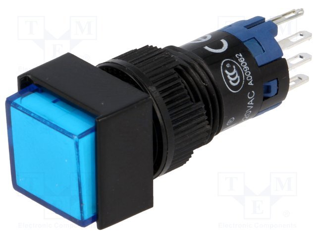 Poga SPDT, ON-(ON), 0.5A/250VAC, 1A/24VDC, LED24VAC/DC, IP40, zilā krasa, lodejama, 14x14x37mm, bez fiksacijas
