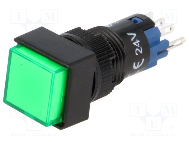 Poga SPDT, ON-(ON), 0.5A/250VAC, 1A/24VDC, LED24VAC/DC, IP40, zaļā krasa, lodejama, 14x14x37mm, bez fiksacijas