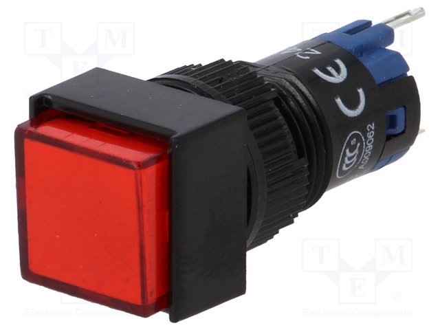 Poga SPDT, ON-(ON), 0.5A/250VAC, 1A/24VDC, LED24VAC/DC, IP40, sarkanā krasa, lodejama, 14x14x37mm, bez fiksacijas