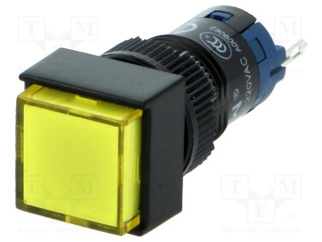 Poga SPDT, ON-(ON), 0.5A/250VAC, 1A/24VDC, LED24VAC/DC, IP40, dzeltenā krasa, lodejama, 14x14x37mm, bez fiksacijas