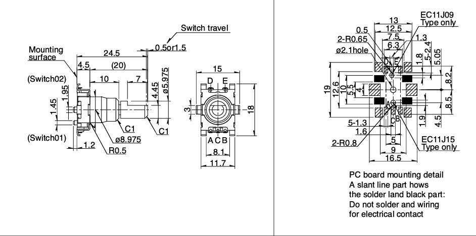 Enkoders, 15imp/revol., 11.7x12, L=20mm, SMD, metala rokturis D=6mm, vertīkals, divas fazas A un B bez fiksācijas