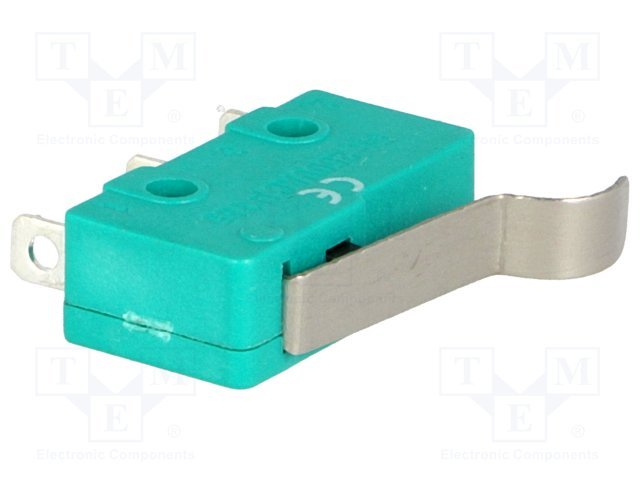 Mikropārslēdzējs ar sviru (ar izliekto galu, Ø=6mm), L=17mm, SPDT, ON-(ON), IP40, 5A/250V, viens kontakts
