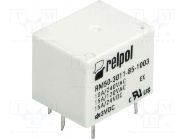 Relejs DC3V, SPDT, 10A/240VAC, 15A/24VDC, 25R(200mA), IP64, viens kontakts uz pārslēgšanu, 19x15.4x15.5mm, RELPOL