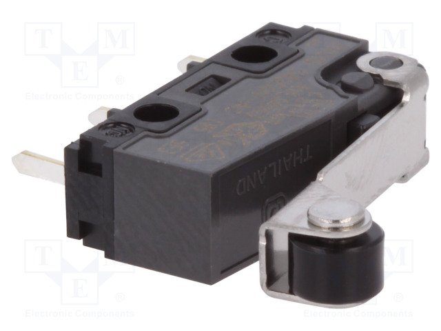 Mikropārslēdzējs ar sviru (ar ruliti) L=25mm, SPDT, ON-(ON), 5A/250VAC, 5A/30VDC, PCB, IP40, 0.59N, 19.8x6.4x10.1mm, viens kontakts, PANASONIC
