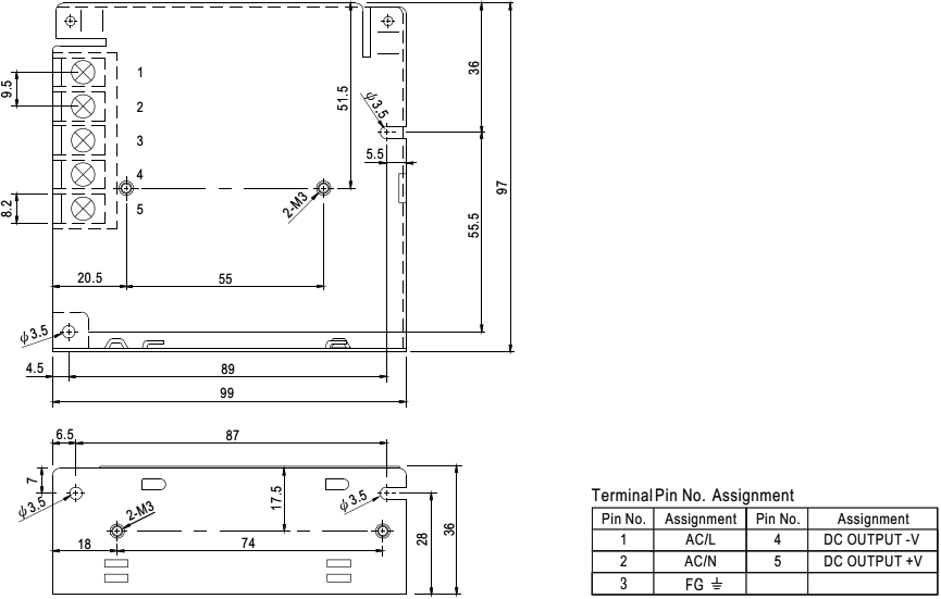 Barošanas bloks 220V=>15V(13.5...16.5VDC), 3.4A, 50W, 99x97x36mm, 0.370Kg, modulis