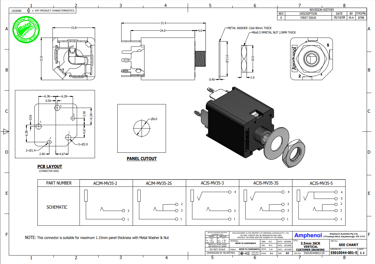 3.5mm ligzda, stereo, metālisks, skrūvejamas šasijai M6x0.5, 15.8x15.8x31.4mm, AMPHENOL