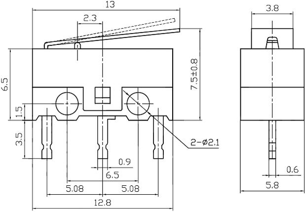 Mikropārslēdzējs ar sviru L=13mm, SPDT, ON-(ON), 1A/125VAC, IP40, 12.8x5.8x6.5mm, viens kontakts