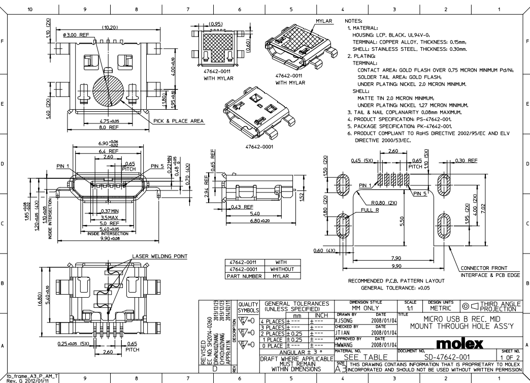 MicroUSB-B, ligzda 5 pin, leņkisks, SMD veida PCB, 4 piestiprinājuma punkti, (MOLEX)