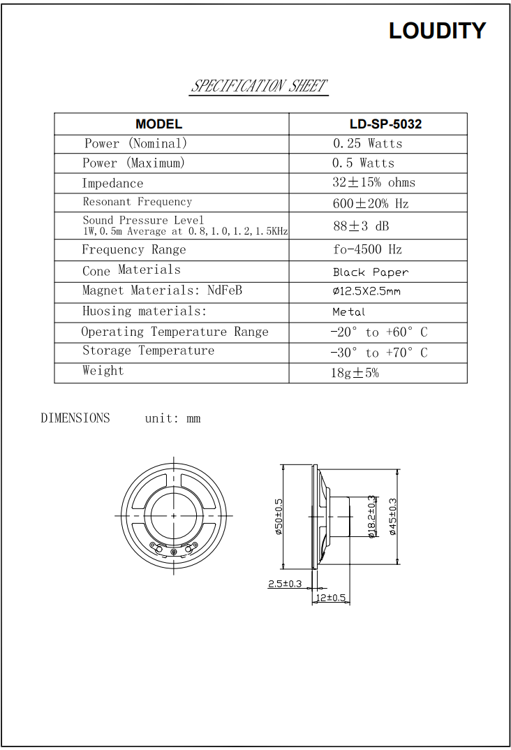 Dinamiks Ø50x12mm, 0.25/0.5W, 0...4500Hz, 32Ohm, 88dB