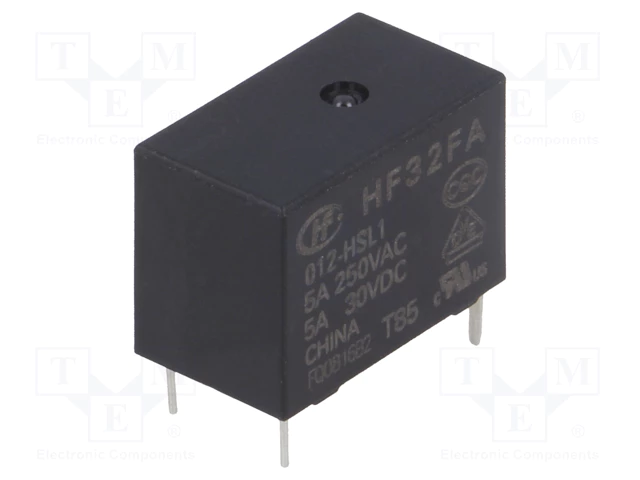 Relejs DC12V, SPST-NO, 5A/250VAC, 5A/30VDC, 720R(16.6mA), viens kontakts uz saslēgšanu, 17.6x10.1x12.3mm, HONGFA RELAY