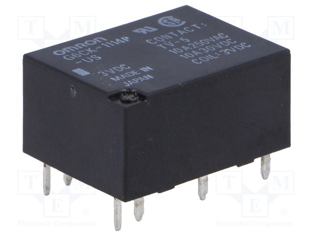 Relejs DC3V, SPST-NO, 10A/250VAC, 10A/30VDC, 32.1Ω(93.5mA), viens kontakts uz saslēgšanu, bistabilais, divas spoles, 20x15x10mm, OMRON, Pēc iepriekšēja pasūtījuma