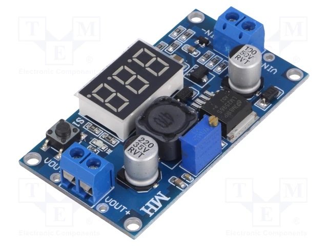 Modulis: Pārveidotājs, step down, Uie=4...40V, Uiz=1.25...37V, 3A, voltmeters, 88%, 66x36x17mm, LM2596S-ADJ