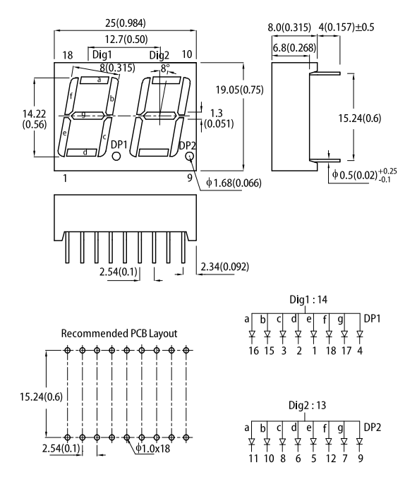 7LED indikators, divkāršs, 14.2mm, 19x25x7mm, kopējs anods, sarkans (28mCd), KINGBRIGHT ELECTRONIC