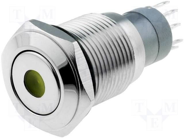 Poga M16x36mm, SPST-NO, ON-ON, 0.5A/220VAC, 1A/24VDC, IP67, LED24VDC, dzeltena centrā, antivandala, ar fiksaciju