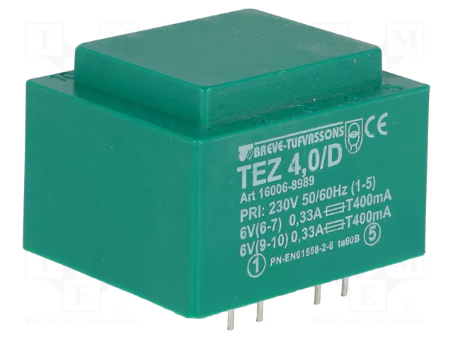 Transformators 220VAC=>2x6V, 2x330mA, 4VA, 35x42x29mm