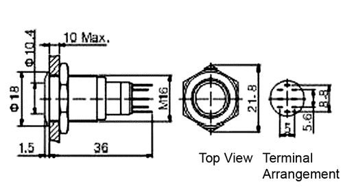 Poga M19x36mm, SPDT, ON-ON, 0.5A/220VAC, 1A/24VDC, IP67, LED12VAC/DC, dzeltena centrā, antivandala, ar fiksaciju