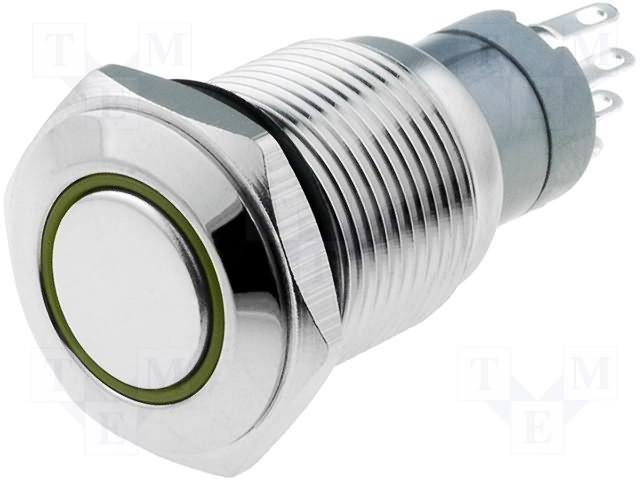 Poga M16x36mm, SPST-NO, ON-ON, 0.5A/220VAC, 1A/24VDC, IP67, LED12VDC, dzeltena riņķis, antivandala, ar fiksaciju