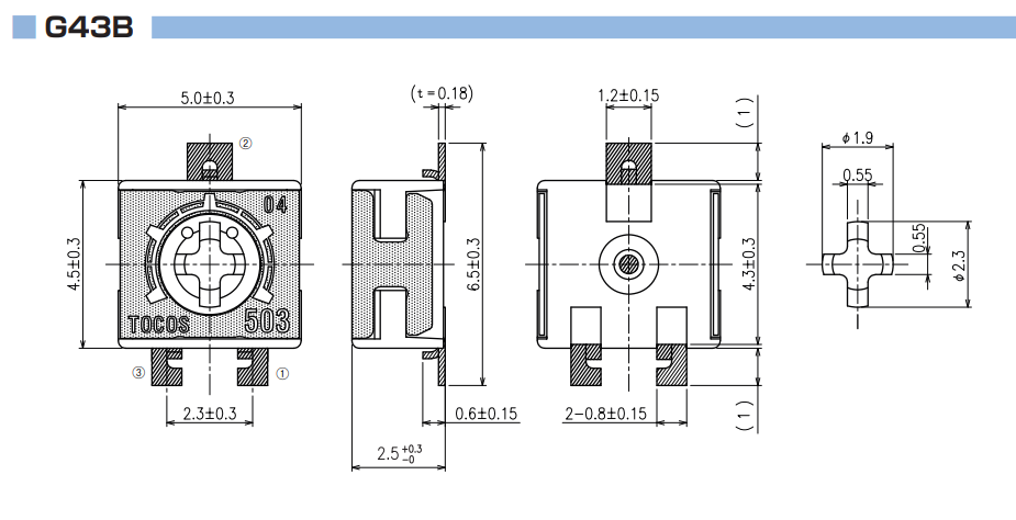 1K SMD pieskaņošais horizontalais rezistors 250mW, 5x4.5x2.5mm