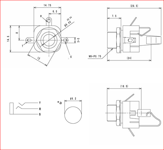 6.35mm ligzda, stereo, plastmasas, vadam, skrūvejamas šasijai M9, LUMBERG