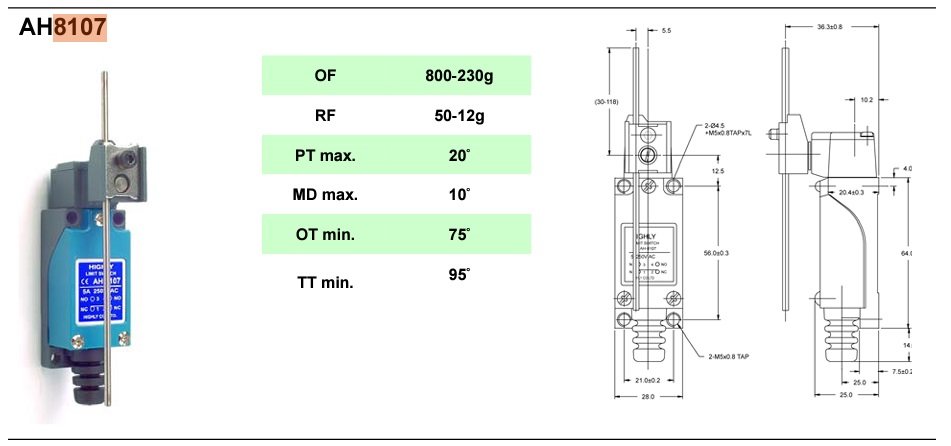 Gala slēdzis, ar regulejamu serdeniem L=30-118mm, NO + NC, 5A/250VAC, IP64, 64x28x25mm