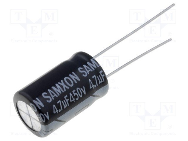 4.7/450V, 105C, Ø10x16mm, ±20%, Kondensators elektrolītisks, 2000h, SAMXON, ar lokaniem izvadiem