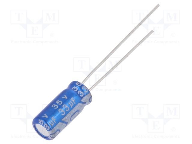 33/35V 105C, Ø5x11mm, ±20%, Kondensators elektrolītisks, 5000h, Jb Capacitors, ar lokaniem izvadiem