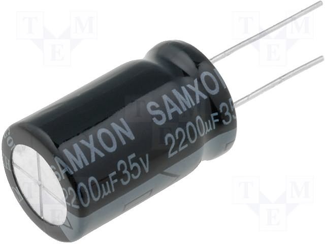 2200/35V, 105C, Ø16x25mm, ±20%, Kondensators elektrolītisks, 2000h, SAMXON, ar lokanien izvadiem