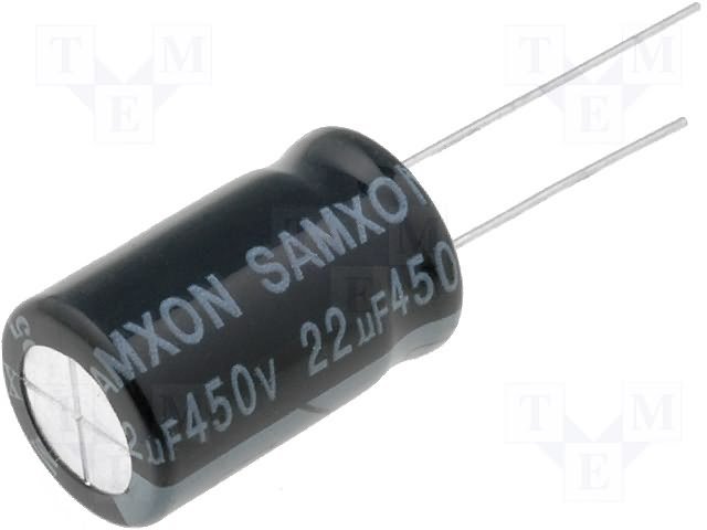 22/450V 105C, Ø12.5x20mm, ±20%, Kondensators elektrolītisks, 2000h, SAMXON, ar lokaniem izvadiem