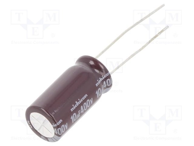 10/400V 105C, Ø10x20mm, ±20%, Kondensators elektrolītisks, 10000h, NICHICON, ar lokanien izvadiem