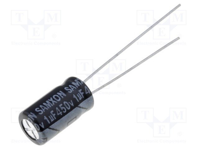 1/450V, 105C, Ø6.3x11mm, ±20%, Kondensators elektrolītisks, 1000h, SAMXON, ar lokaniem izvadiem