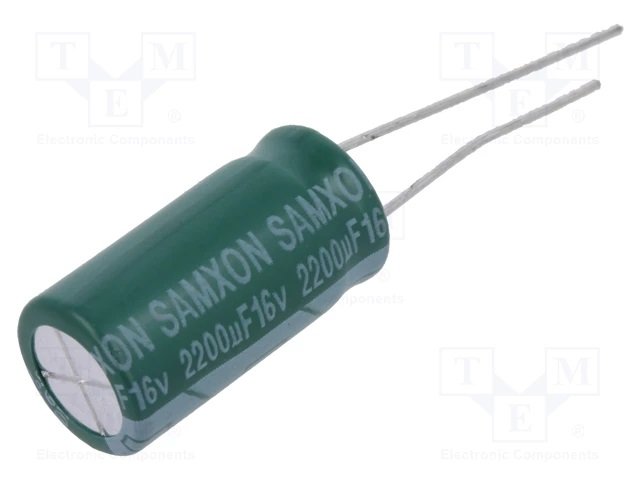 2200/16V, 105C, Ø10x20mm, ±20%, Kondensators elektrolītisks, 4000h, SAMXON, ar lokaniem izvadiem