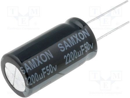 2200/50V, 105C, Ø16x30mm, ±20%, Kondensators elektrolītisks, 2000h, SAMXON, ar lokaniem izvadiem