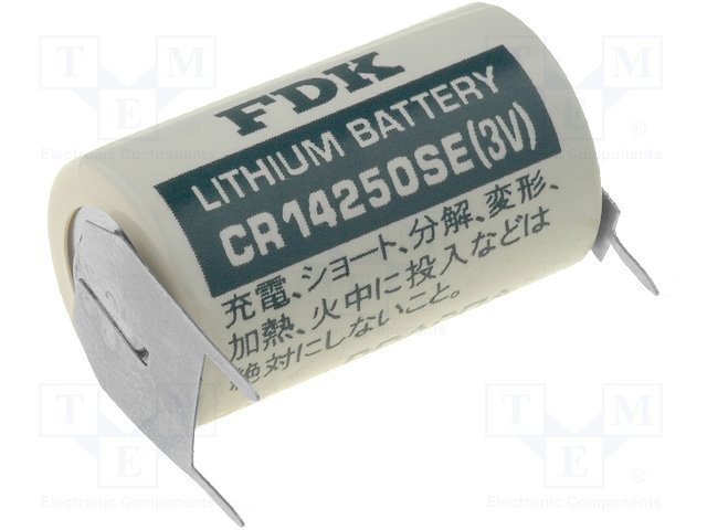 Litija baterija ar cietām kājiņām, 3.0V, 1/2AA, 1/2R6, CR14250, Ø14x25mm, 850mAh, 9gr