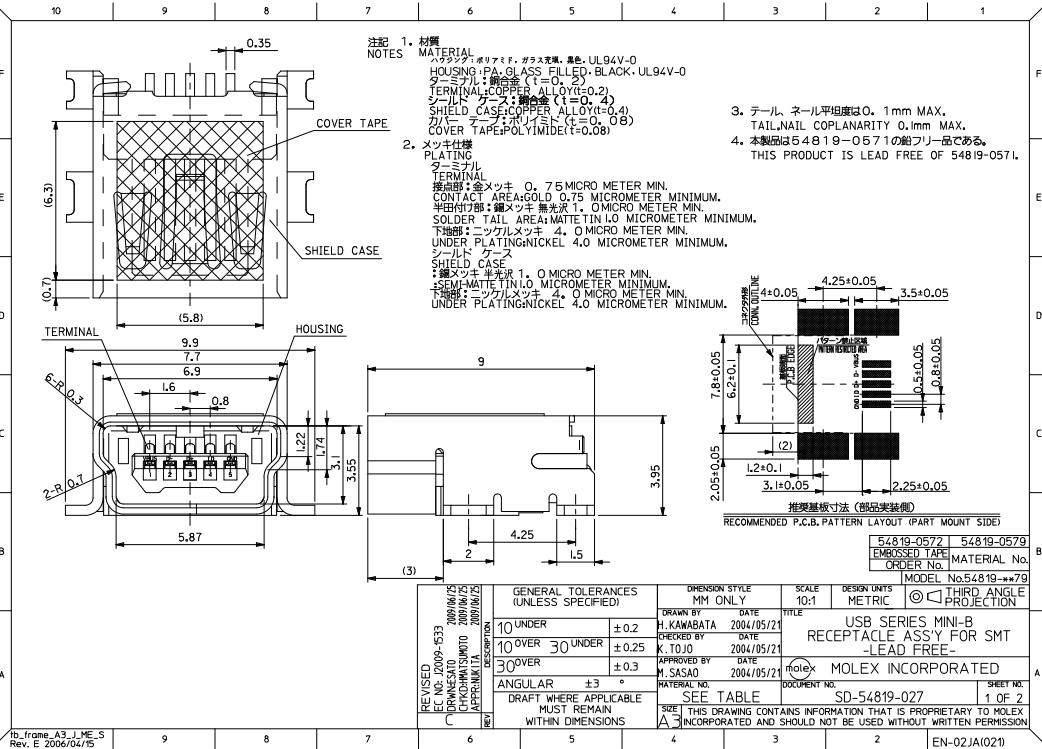 MiniUSB B ligzda 5 pin, horizontala SMD veida PCB