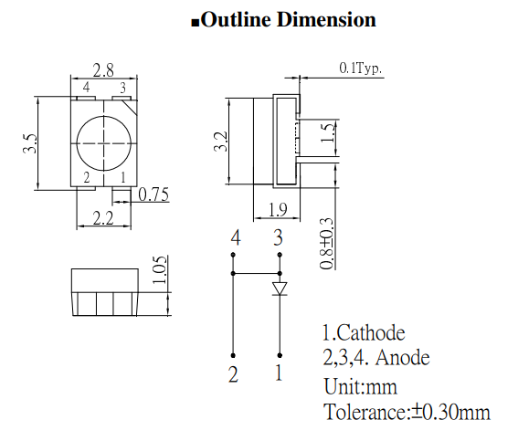 Gaismas diode SMD, sarkans, 3528, 1560...1800mcd, 619-629nm, 2...2.8V/50mA, 3.5x2.8x1.9mm, 120°, kopējs katods, PLCC4