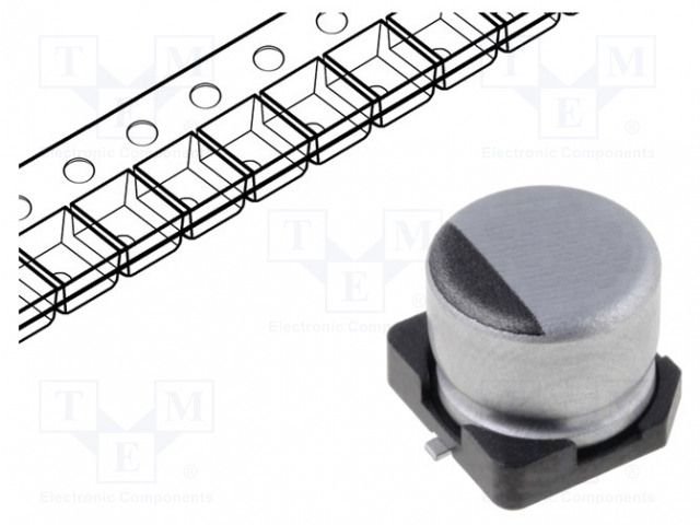 100/35V SMD 105C Ø6.3x7.7mm, ±20%, elektrolitiskais kondensators, 1000h, NICHICON