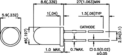 5mm, dzeltena, 650...1200mcd, 30°, 2...2.5V/20mA, 595nm, gaismas diode