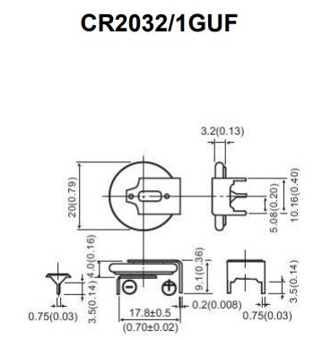 CR2032 litija baterija, horizontala ar kajām, 3.0V, Ø20x3.2mm, MITSUBISHI, 4.60g.