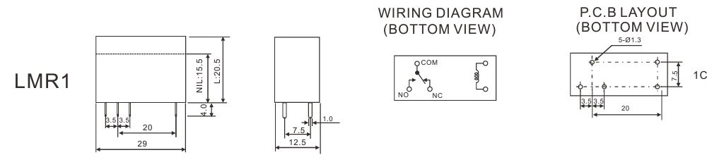 Relejs DC9V, SPDT, 12A/250VAC, 12A/30VDC, 155Ω(58mA), viens kontakts uz parsaslēgšanu, 29x12.5x15.5mm, RAYEX ELECTRONICS